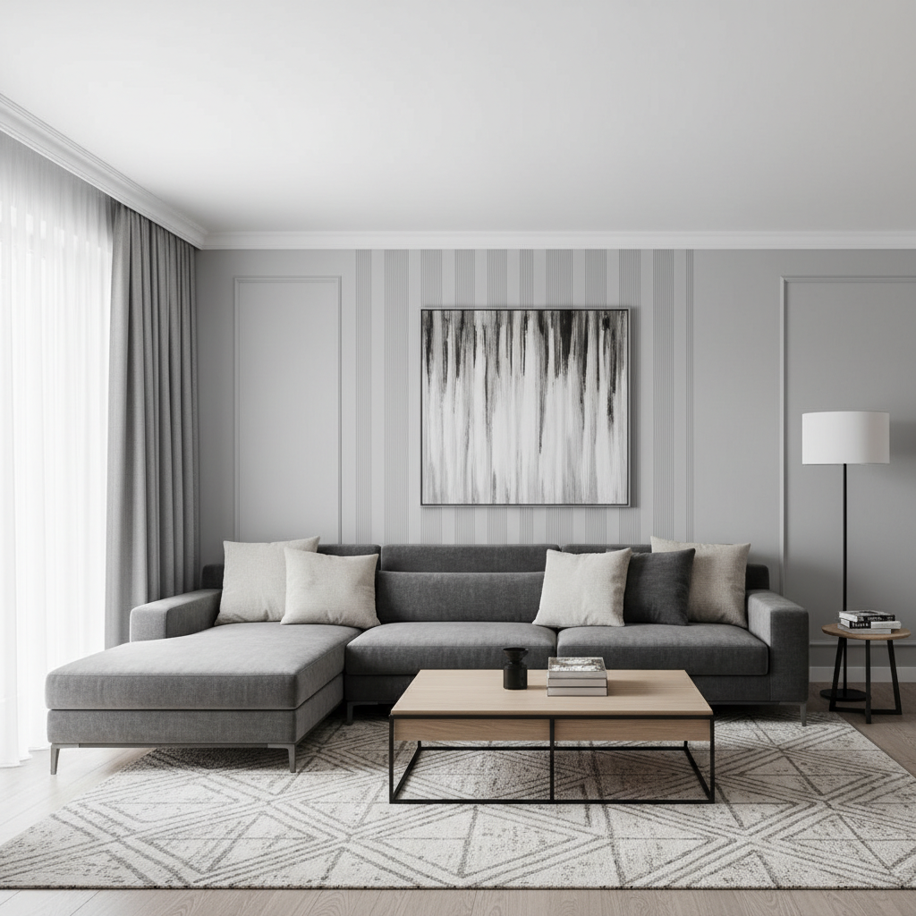 elegancki, ale niski salon, który dzięki zastosowaniu trików malarskich wydaje się wyższy. Sufit jest pomalowany na czystą biel, a ściany na jasnoszary kolor. Na ścianie za sofą znajduje się subtelny, dekoracyjny wzór w pionowe pasy w odcieniach szarości, co dodatkowo potęguje wrażenie wysokości.