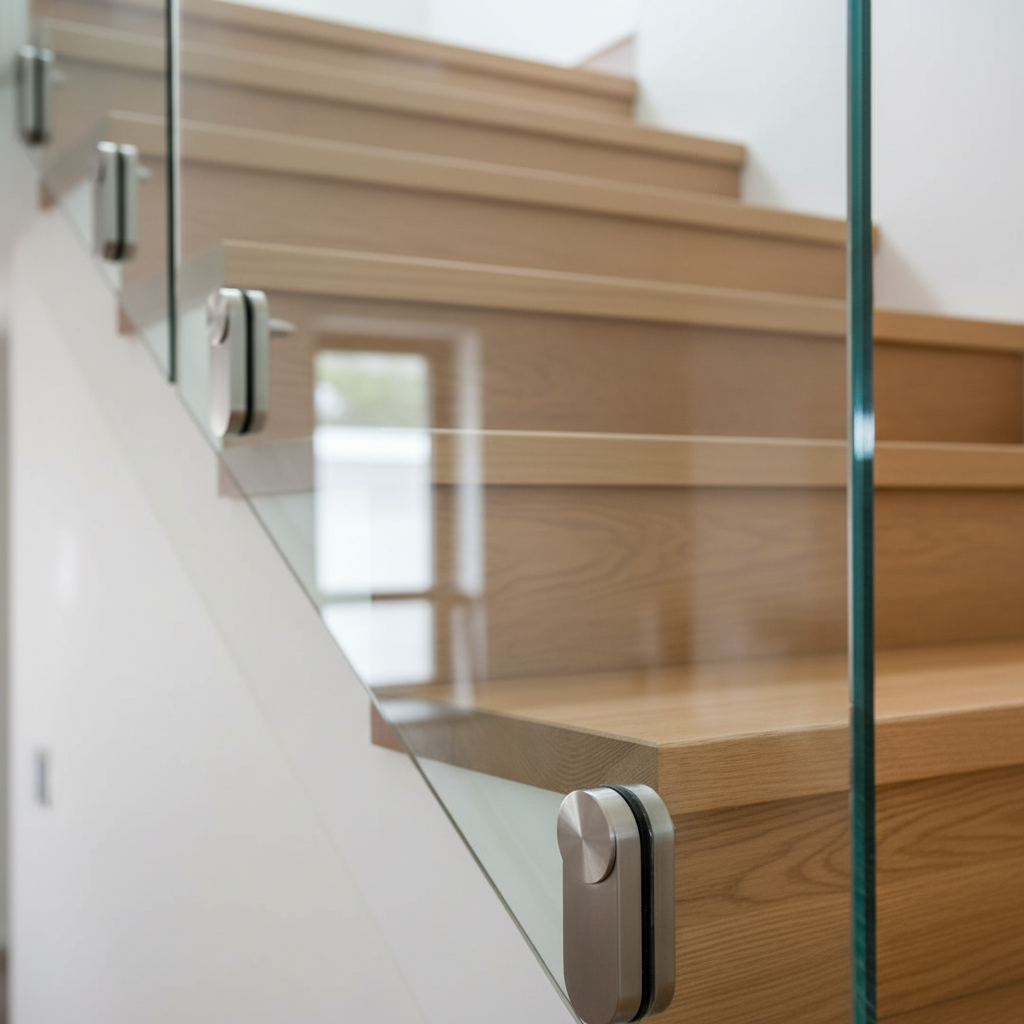 Zbliżenie na fragment schodów z nowoczesną balustradą wykonaną z hartowanego szkła, zamocowaną na stalowych rotulach. W tle widać drewniane stopnie, a całość tworzy elegancką i bezpieczną kompozycję.