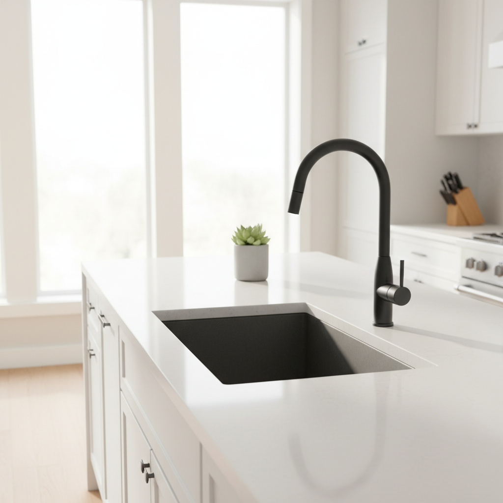 Jasna, nowoczesna kuchnia z minimalistyczną estetyką. Centralnym punktem jest elegancka, matowa czarna bateria kuchenna z wysoką wylewką, zamontowana nad zlewem z kompozytu granitowego. W tle widać czysty blat z małą rośliną doniczkową. Oświetlenie jest naturalne i ciepłe, tworząc przyjazną atmosferę.