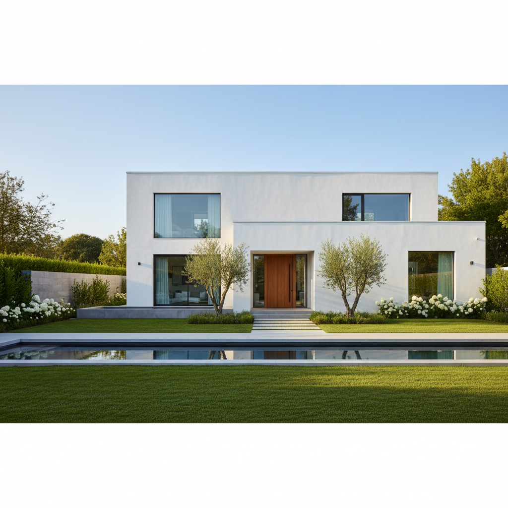 Zdjęcie pięknego, nowoczesnego domu jednorodzinnego z białą elewacją, otoczonego zadbanym ogrodem. Słoneczny dzień, ciepłe światło podkreślające czystość i elegancję minimalistycznej bryły budynku. Elewacja jest gładka, ale z subtelną fakturą, co inspiruje do dbałości o detale wykończenia.