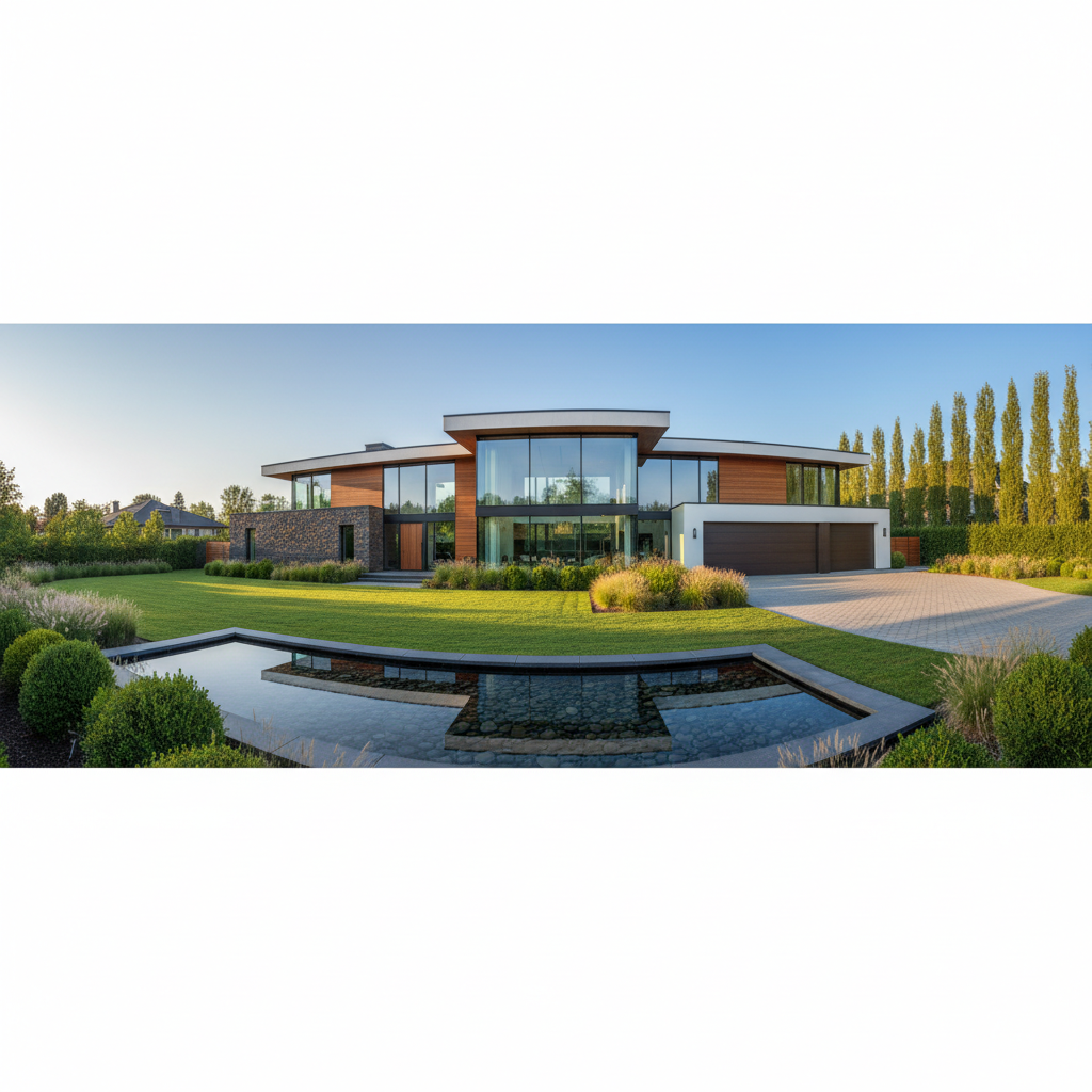 Szerokie ujęcie nowoczesnego domu jednorodzinnego o minimalistycznej bryle, z dużą ilością przeszkleń. Podmurówka domu jest wykonana z ciemnego kamienia, który kontrastuje z białą elewacją i drewnianymi elementami. Wokół domu zadbany ogród i podjazd.