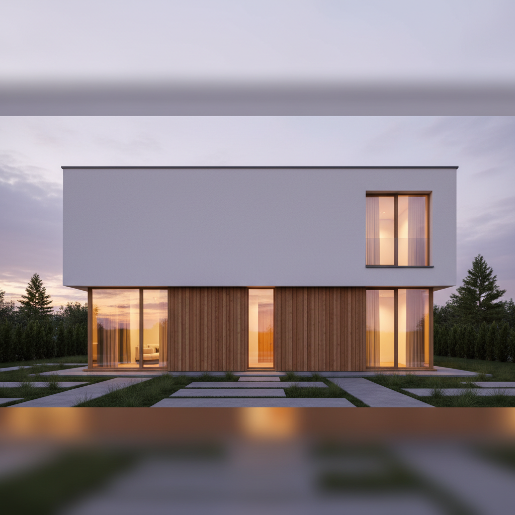 Minimalistyczny dom jednorodzinny o prostej, geometrycznej bryle, sfotografowany o zmierzchu. Elewacja to harmonijne połączenie gładkiego, białego tynku na piętrze oraz paneli z naturalnego, ciepłego drewna na parterze. Duże, panoramiczne okna świecą ciepłym, zapraszającym światłem, a w ich tafli odbijają się ostatnie promienie słońca. Dom otoczony jest starannie zaprojektowanym, minimalistycznym ogrodem.