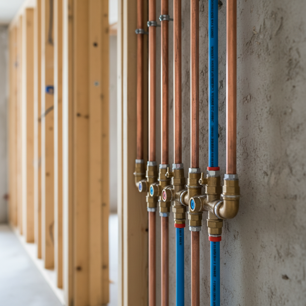 Estetyczne ujęcie przedstawiające fragment nowo wykonanej instalacji wodnej w stanie surowym, gdzie widoczne są zarówno lśniące rury miedziane, jak i nowoczesne, wielowarstwowe rury z tworzywa sztucznego. Tło jest lekko rozmyte, ukazując zarys nowo budowanego domu lub remontowanego mieszkania. Kompozycja powinna być czysta, dobrze oświetlona i sugerować profesjonalizm, jakość oraz nowoczesność.