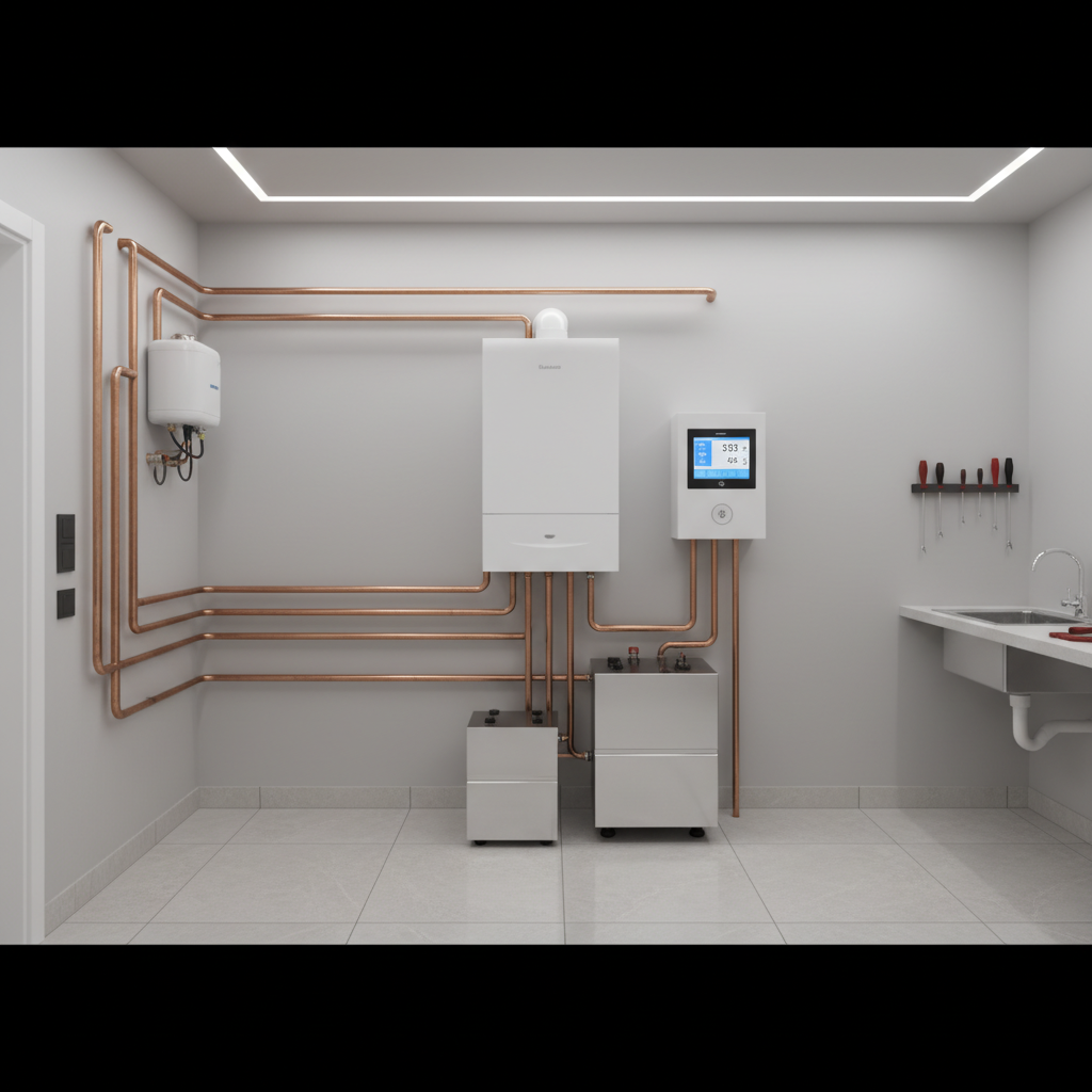 Nowoczesna, czysta i dobrze zorganizowana kotłownia w domu jednorodzinnym, z centralnie umieszczonym, eleganckim kotłem kondensacyjnym na ścianie. Widoczne są miedziane rury i cyfrowy panel sterowania, co podkreśla technologiczną zaawansowanie i estetykę instalacji.