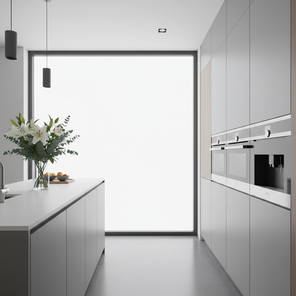 Jasne, przestronne wnętrze nowoczesnej kuchni w minimalistycznym stylu. Widać stalowe, wbudowane sprzęty AGD: piekarnik, kuchenkę mikrofalową i ekspres do kawy. Blaty są czyste, a na jednym z nich stoi wazon ze świeżymi kwiatami. Światło dzienne wpada przez duże okno, tworząc spokojną i estetyczną atmosferę.