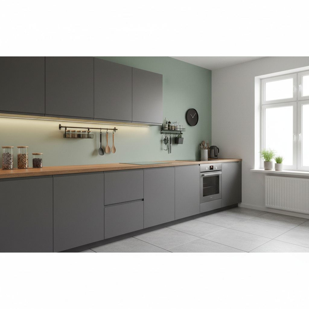 Jasna, przestronna kuchnia z matowymi, grafitowymi szafkami i drewnianym blatem. Ściana nad blatem jest pomalowana na gładki, szałwiowy kolor, na którym widać kilka stylowych akcesoriów kuchennych. Oświetlenie LED pod szafkami subtelnie podkreśla czystą powierzchnię ściany. Wnętrze jest minimalistyczne, ale przytulne, pokazując elegancję alternatywy dla płytek.