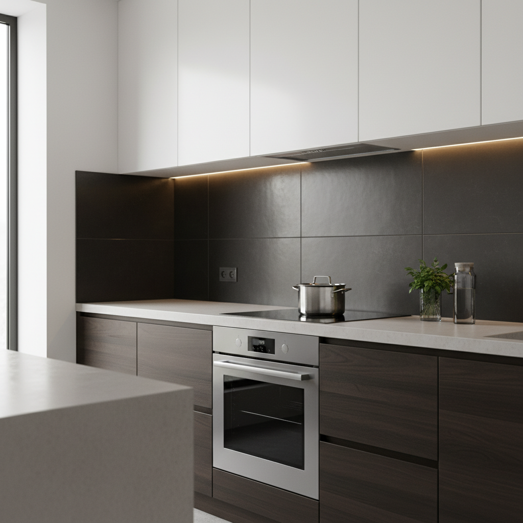 Pięknie wykończona, nowoczesna kuchnia z dużymi, ciemnymi płytkami na ścianie za płytą indukcyjną i piekarnikiem. Czyste, minimalistyczne wnętrze, gdzie widać idealnie położoną glazurę, co podkreśla jej trwałość i estetykę w miejscu narażonym na ciepło.