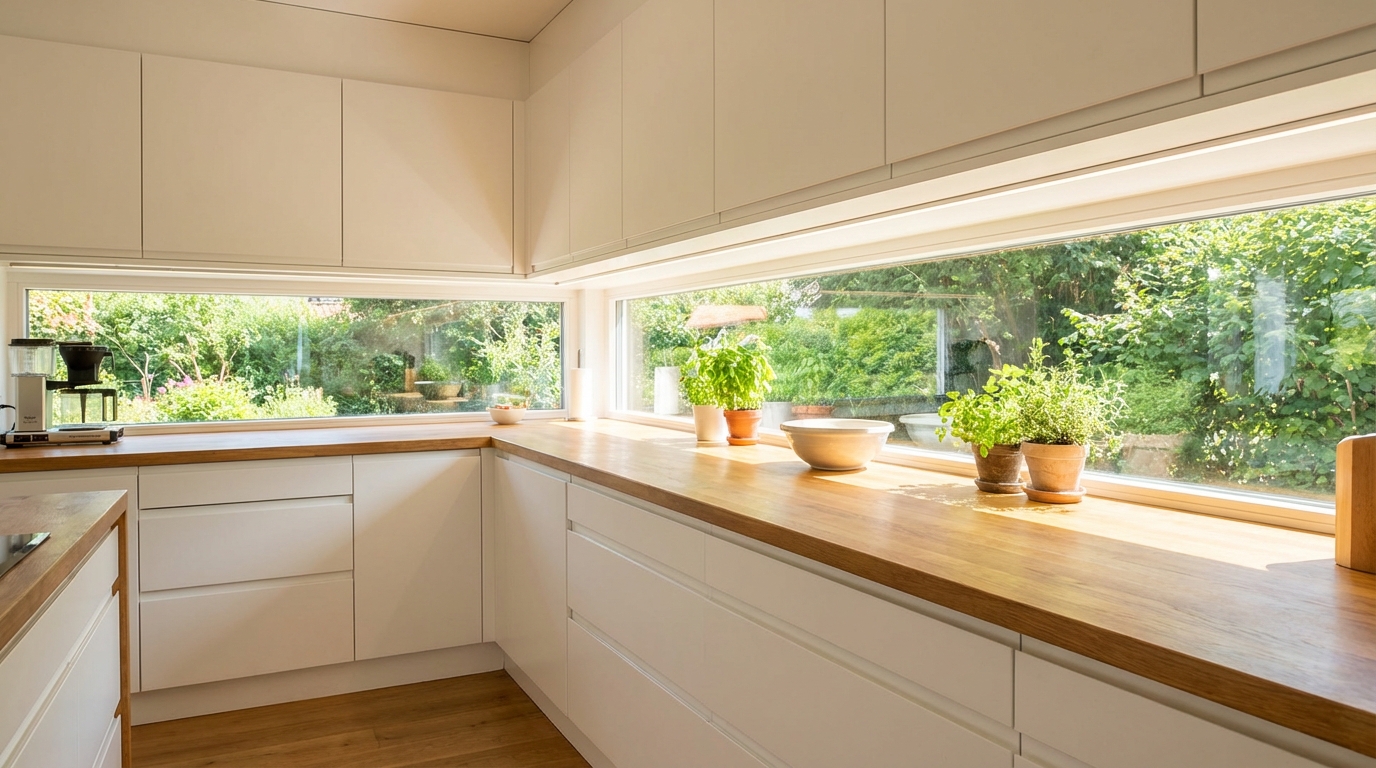 Jasna, nowoczesna kuchnia z białymi szafkami i drewnianym blatem. Nad blatem, zamiast tradycyjnych płytek, znajduje się długie, panoramiczne okno, przez które widać zielony ogród. Światło dzienne idealnie oświetla przestrzeń roboczą, tworząc przyjemną atmosferę do gotowania.