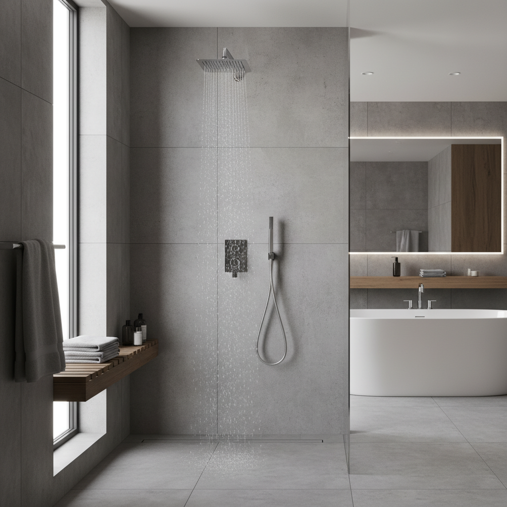 Nowoczesna, minimalistyczna łazienka w odcieniach szarości i drewna. W strefie prysznicowej, na tle wielkoformatowych, betonowych płytek, widoczna jest elegancka, chromowana deszczownica i bateria podtynkowa Deante. Światło z okna delikatnie oświetla krople wody, podkreślając czystość i luksusowy charakter wnętrza.