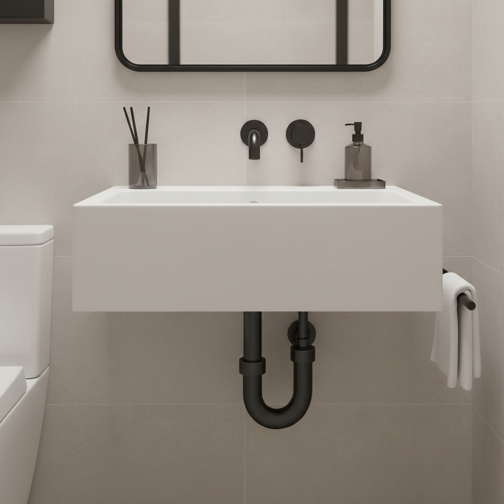 Elegancka, designerska łazienka z wolnostojącą umywalką. Widoczny jest dekoracyjny, czarny, matowy syfon rurowy, który stanowi element wystroju. W tle delikatne, beżowe płytki i minimalistyczne dodatki, takie jak lustro w czarnej ramie i nowoczesna bateria.