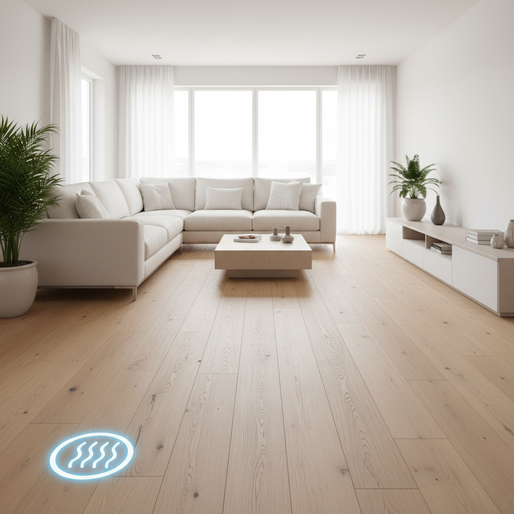 Nowoczesny, jasny salon z dużą sofą i minimalistycznymi meblami. Na podłodze widoczne są piękne, jasne panele podłogowe o naturalnym wyglądzie drewna. W rogu pomieszczenia, na podłodze, dyskretnie nałożony jest świecący piktogram symbolizujący ogrzewanie podłogowe. Światło dzienne wpada przez duże okna, podkreślając teksturę podłogi.