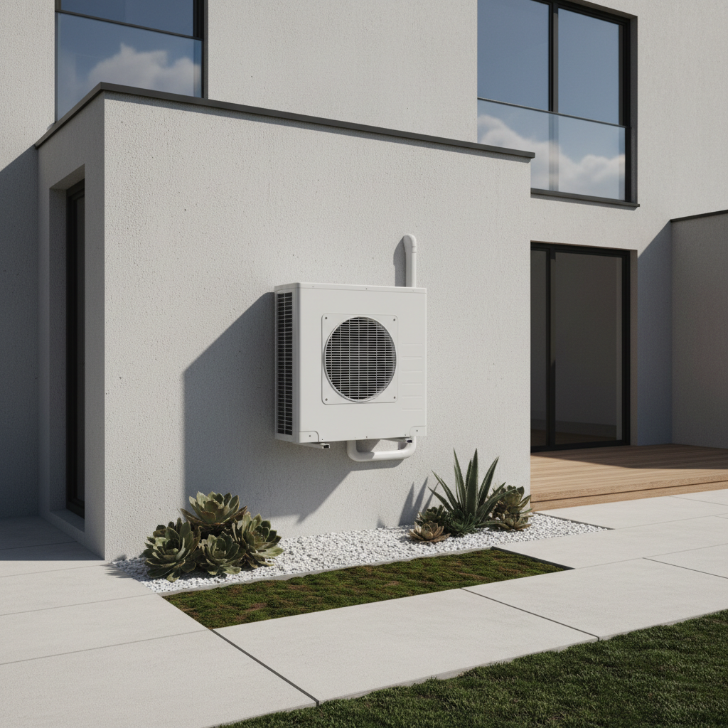 Estetyczne i czyste ujęcie jednostki zewnętrznej nowoczesnej pompy ciepła, zamontowanej na elewacji minimalistycznego domu. Otoczenie jest zadbane, co podkreśla, że urządzenie jest schludnym i estetycznym elementem budynku.