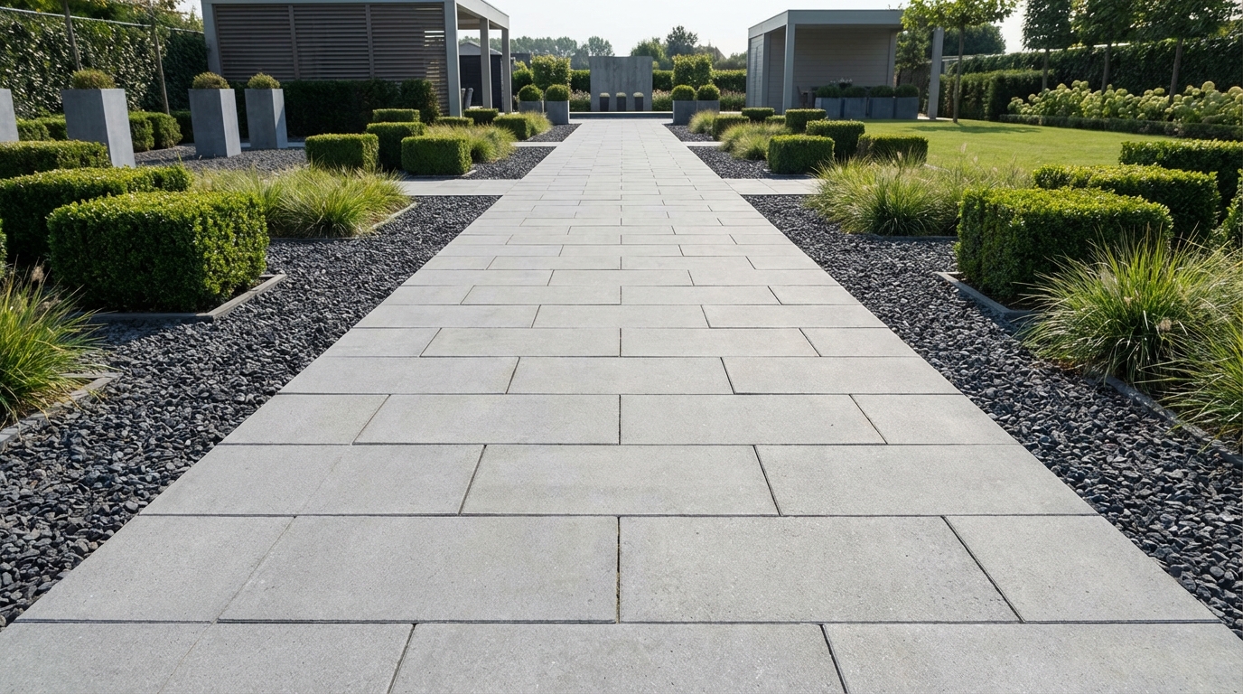 Szeroka, prosta ścieżka ogrodowa wykonana z dużych, prostokątnych płyt kostki brukowej Malta w odcieniu jasnej szarości. Płyty ułożone są w minimalistyczny wzór z przesunięciem o 1/3 długości. Ścieżka prowadzi w głąb nowoczesnego ogrodu z geometrycznie przyciętymi krzewami i ozdobnymi trawami. Po obu stronach ścieżki znajduje się ciemny grys dekoracyjny, tworzący elegancki kontrast. Scena jest czysta, uporządkowana i pełna harmonii.