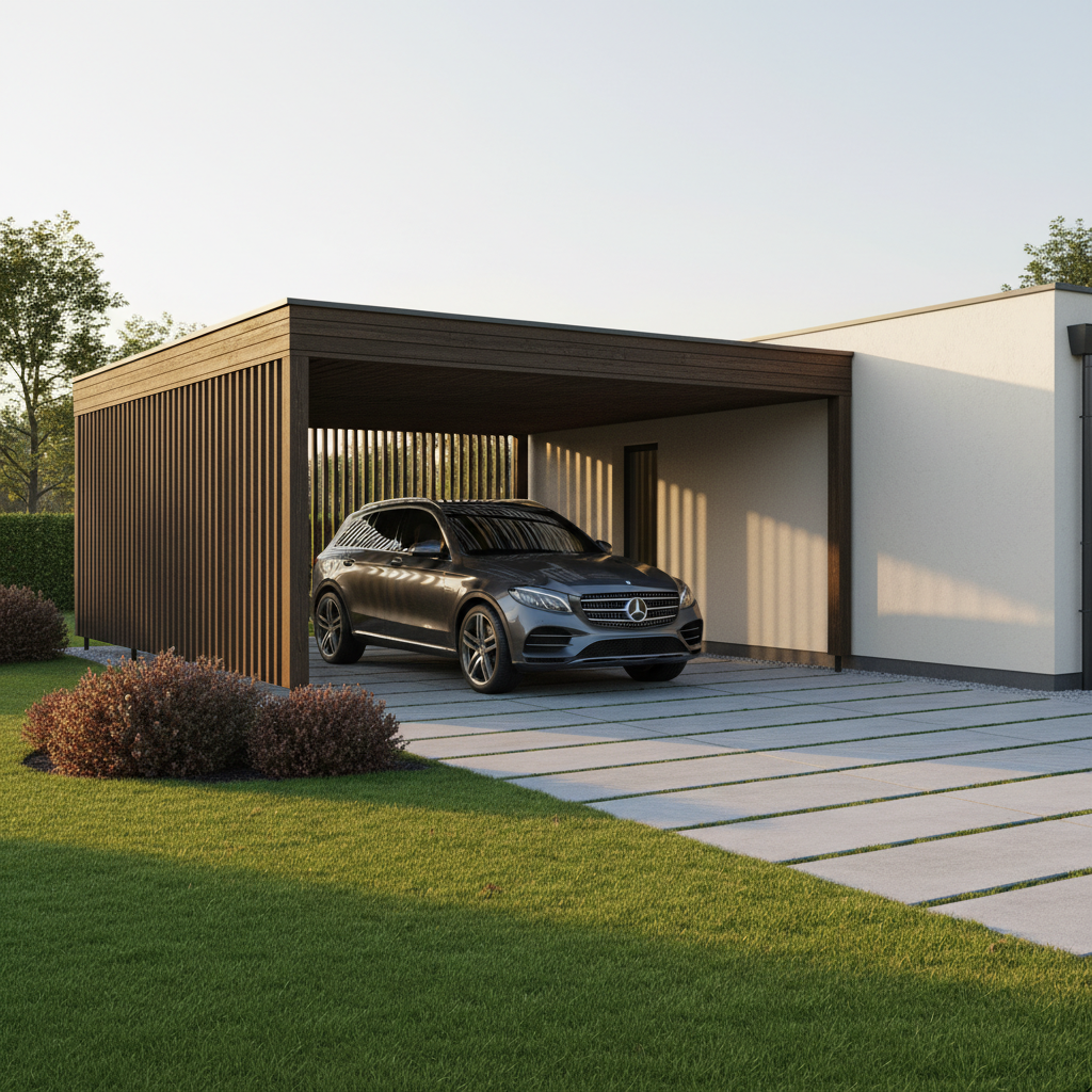 Nowoczesna, minimalistyczna wiata garażowa z ciemnego drewna, przylegająca do boku domu z jasną elewacją. Pod wiatą parkuje elegancki, ciemny SUV. Nawierzchnia wykonana jest z dużych, szarych płyt betonowych, a otoczenie zdobi zadbany trawnik i kilka ozdobnych krzewów.