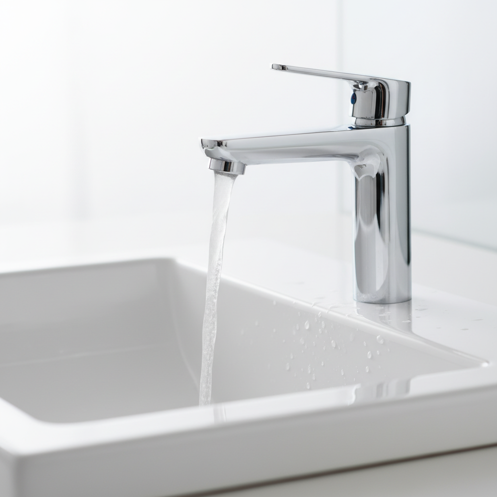 Zbliżenie na nowoczesny, chromowany kran zamontowany nad białą, minimalistyczną umywalką. Z kranu płynie czysty strumień wody. Tło jest jasne i lekko rozmyte, co nadaje zdjęciu elegancki i czysty charakter.