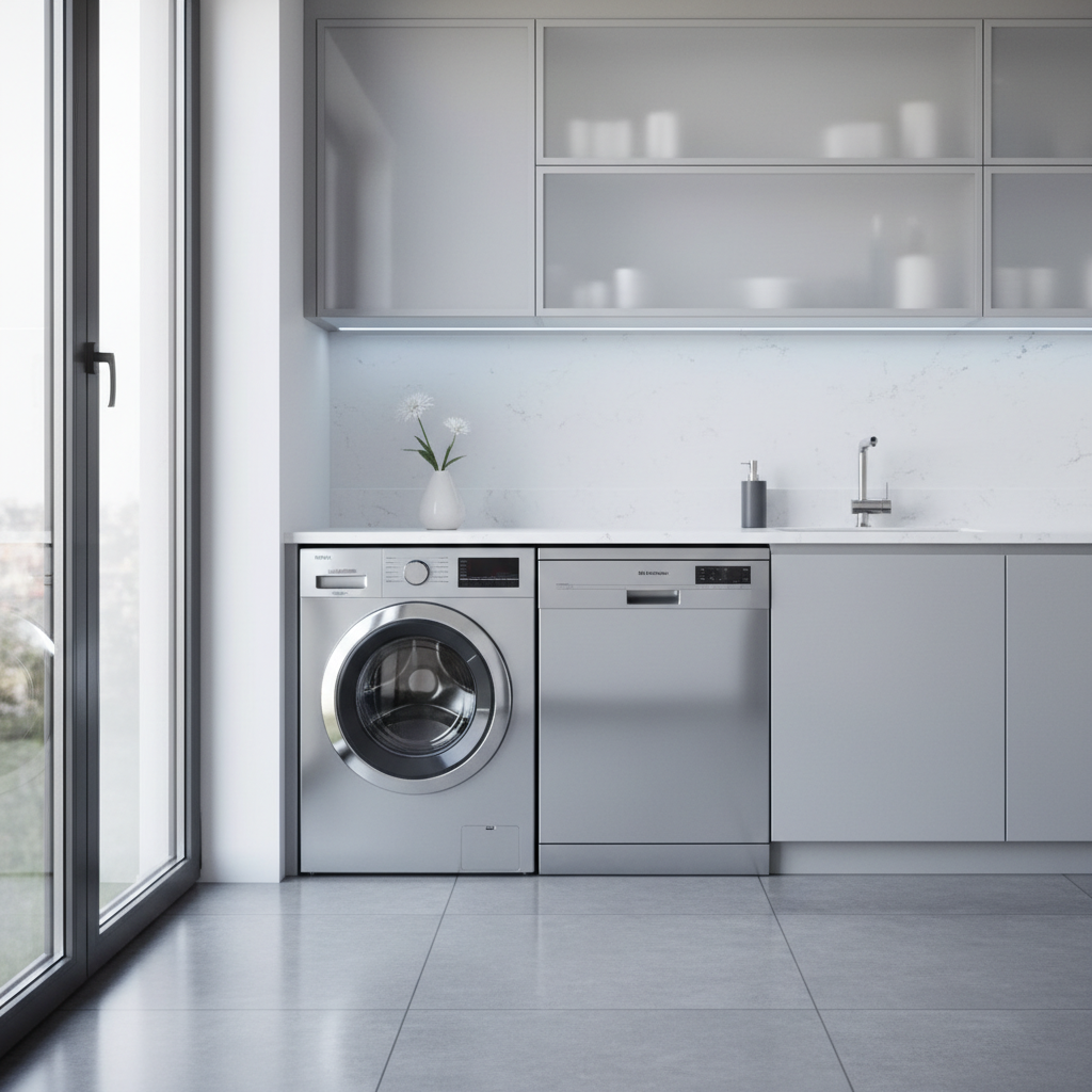 Lśniąca, nowoczesna pralnia lub kuchnia z widokiem na idealnie czystą pralkę i zmywarkę w zabudowie. Metalowe powierzchnie odbijają światło, nie ma na nich żadnych śladów kamienia ani zacieków. Wnętrze jest minimalistyczne i uporządkowane, co symbolizuje bezproblemowe działanie i trwałość urządzeń.