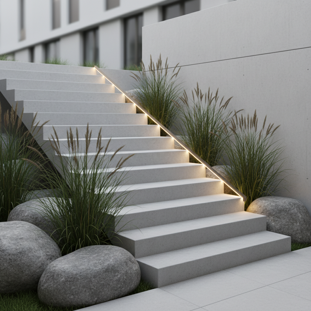 Minimalistyczne, geometryczne schody z gładkiego, jasnoszarego betonu architektonicznego, prowadzące na wyższy poziom nowoczesnego ogrodu. Wzdłuż schodów biegnie subtelna linia oświetlenia LED. Otoczenie jest proste – kilka kęp ozdobnych traw i duże, gładkie głazy, co podkreśla nowoczesny charakter aranżacji.