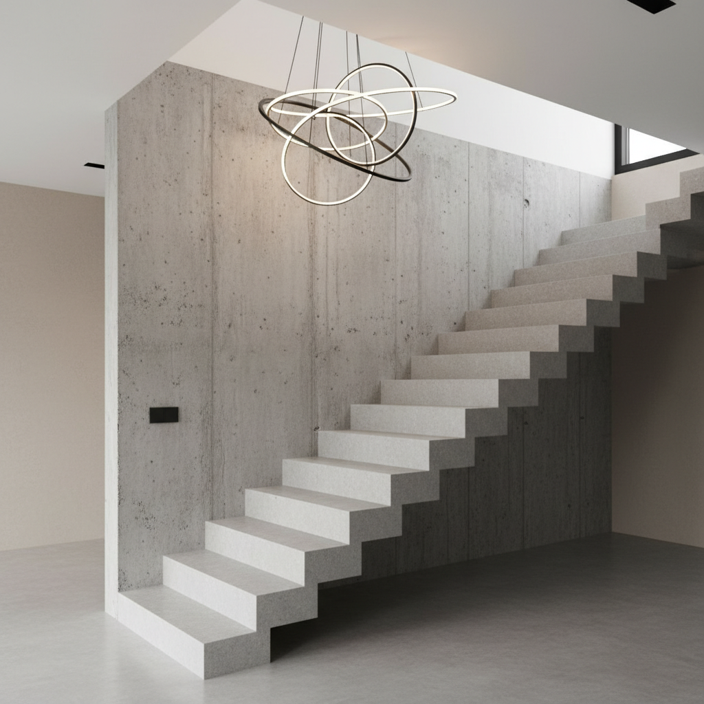 Eleganckie, minimalistyczne schody z konglomeratu Technistone w kolorze jasnej szarości, prowadzące na piętro w domu o otwartym planie. Stopnie są proste, bez podstopnic (schody samonośne), co nadaje im lekkości. Tłem jest ściana z surowego betonu architektonicznego, a całość oświetla designerska lampa wisząca.