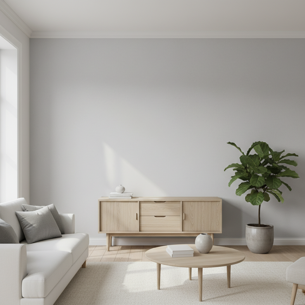 Jasny, przestronny salon w stylu skandynawskim, w którym centralnym punktem jest ściana o subtelnej, matowej fakturze tynku. Na tle ściany stoi prosta, drewniana komoda, a obok niej duża, zielona roślina w donicy. Światło z okna delikatnie podkreśla idealną gładkość powierzchni.