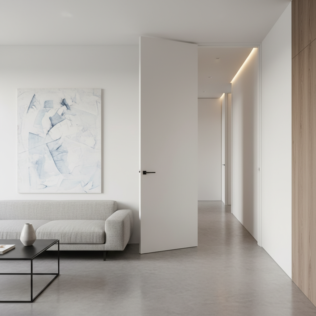 Eleganckie, minimalistyczne wnętrze salonu z widokiem na korytarz. Centralnym punktem są nowoczesne, białe drzwi bezprzylgowe, idealnie zlicowane ze ścianą, podkreślające czystość formy i nowoczesny design.