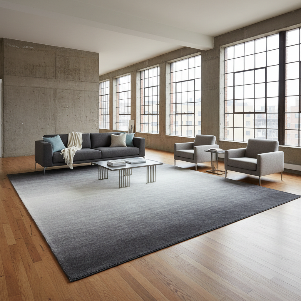 Przestronne, minimalistyczne wnętrze w stylu loftowym z betonową ścianą i dużymi oknami. Na środku, na gładkiej, drewnianej podłodze, leży duży dywan Calvin Klein o subtelnym, cieniowanym wzorze w odcieniach szarości. Na nim stoi prosta, niska kanapa i metalowy stolik. Dywan definiuje strefę wypoczynkową, dodając jej elegancji i przytulności.