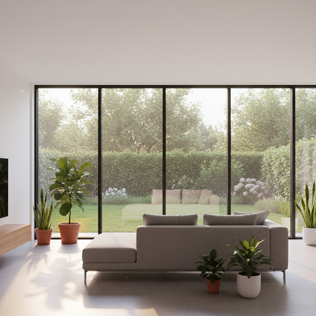 Jasne, przestronne wnętrze salonu z dużymi, nowymi oknami sięgającymi od podłogi do sufitu. Przez okna widać zielony, zadbany ogród. Wnętrze jest minimalistyczne, z nowoczesną kanapą i kilkoma roślinami doniczkowymi. Słońce wpada do środka, tworząc ciepłą i przyjazną atmosferę, podkreślając jakość i estetykę nowej stolarki okiennej.