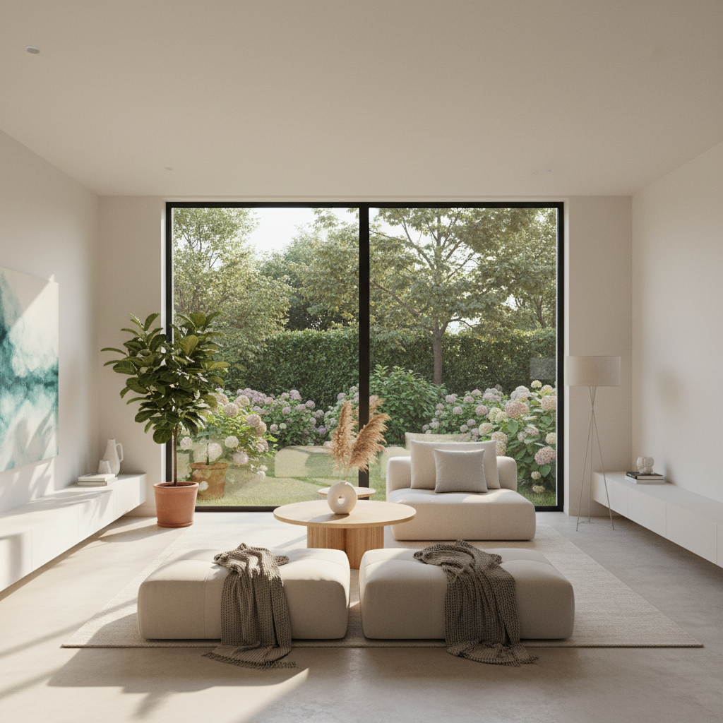 Jasny, przestronny salon z dużym, nowoczesnym oknem, przez które widać piękny, zielony ogród. Słońce delikatnie wpada do środka, tworząc ciepłą i przytulną atmosferę. Wnętrze jest minimalistyczne, ale eleganckie.