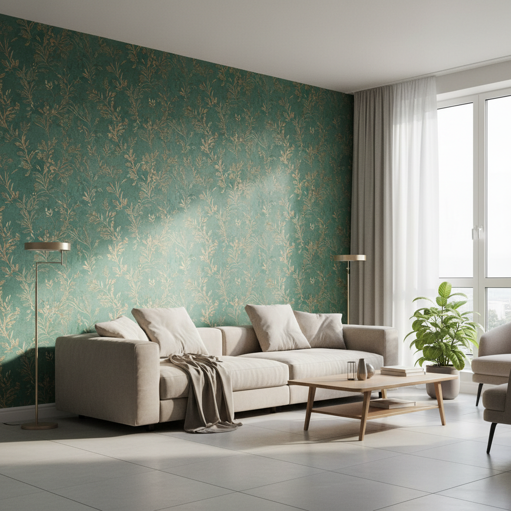 Elegancki, jasny salon z dużą, komfortową sofą. Jedna ze ścian, tzw. ściana akcentowa, jest w całości pokryta nowoczesną tapetą z subtelnym, botanicznym wzorem w odcieniach zieleni i złota. Światło dzienne wpadające przez duże okno delikatnie oświetla teksturę tapety, tworząc przytulną i luksusową atmosferę. Wnętrze jest minimalistyczne, co pozwala tapecie grać główną rolę w aranżacji.