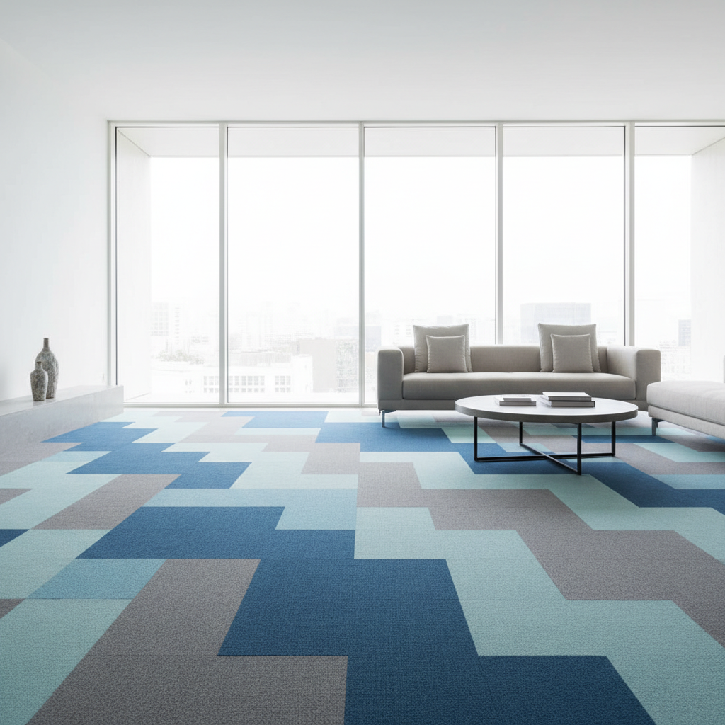 Jasny, przestronny salon z dużymi oknami. Na podłodze widoczne są płytki dywanowe w odcieniach szarości i błękitu, ułożone w ciekawy, geometryczny wzór. W tle minimalistyczna kanapa i stolik kawowy. Kadr podkreśla elegancję i wszechstronność rozwiązania.