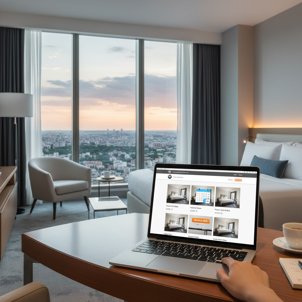 Nowoczesny pokój hotelowy z widokiem na miasto, z laptopem otwartym na stronie rezerwacyjnej hotelu. Fokus na łatwość i wygodę rezerwacji online.