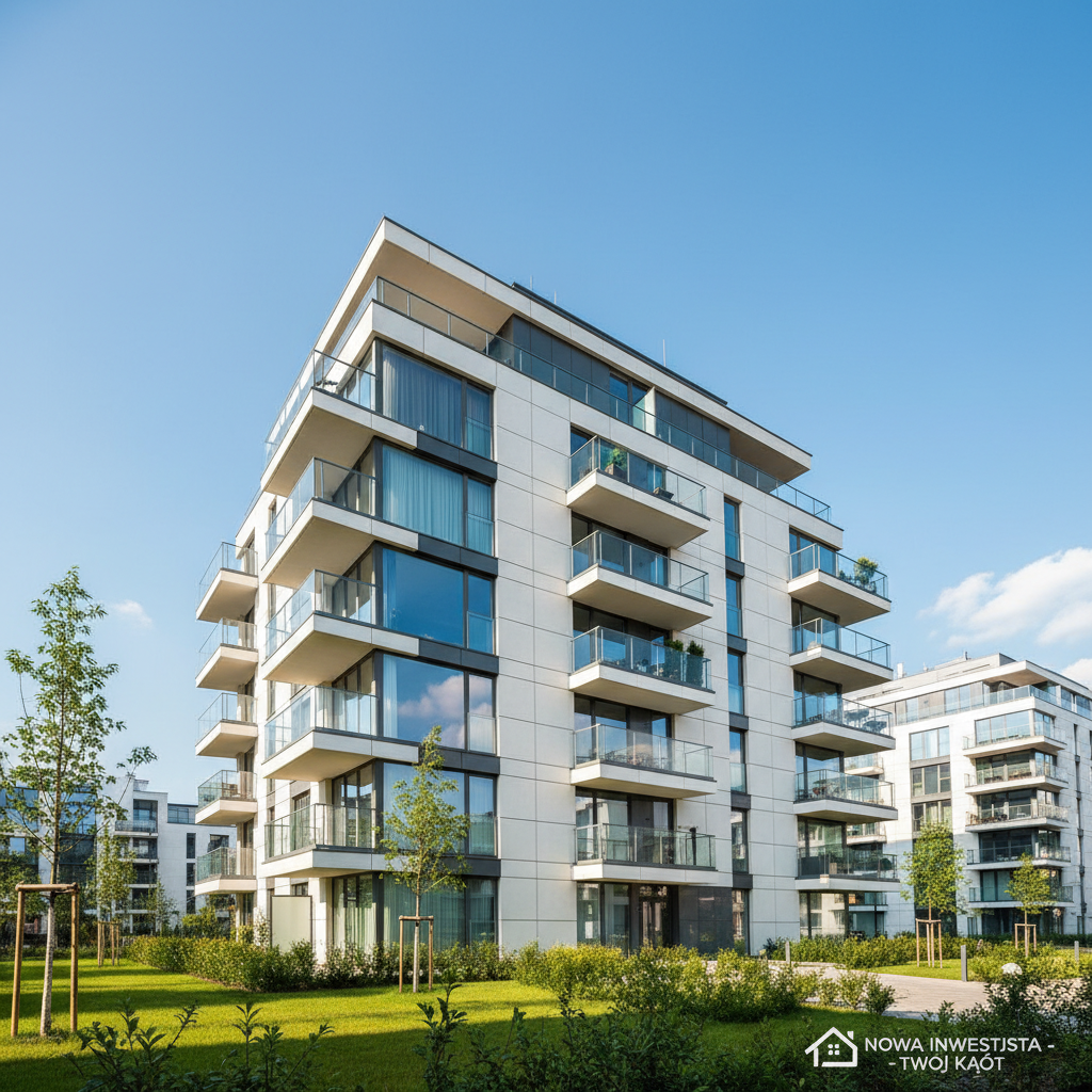 Nowoczesny, elegancki budynek mieszkalny z dużymi oknami i balkonami, sfotografowany z perspektywy żabiej w słoneczny dzień, z fragmentem błękitnego nieba i zielenią w tle. Obraz ma symbolizować nową inwestycję i aspiracje związane z zakupem mieszkania.
