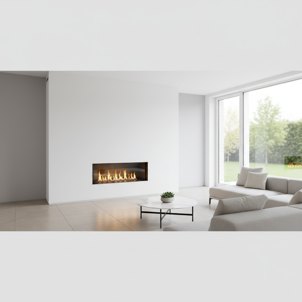 Minimalistyczny i jasny salon z nowoczesnym biokominkiem zamontowanym na ścianie. Czyste linie, neutralne kolory (biel, szarość), duże okno wpuszczające naturalne światło. Biokominek ma czysty, prawdziwy płomień, tworząc wyrafinowany punkt centralny bez potrzeby komina. Brak dymu i sadzy.