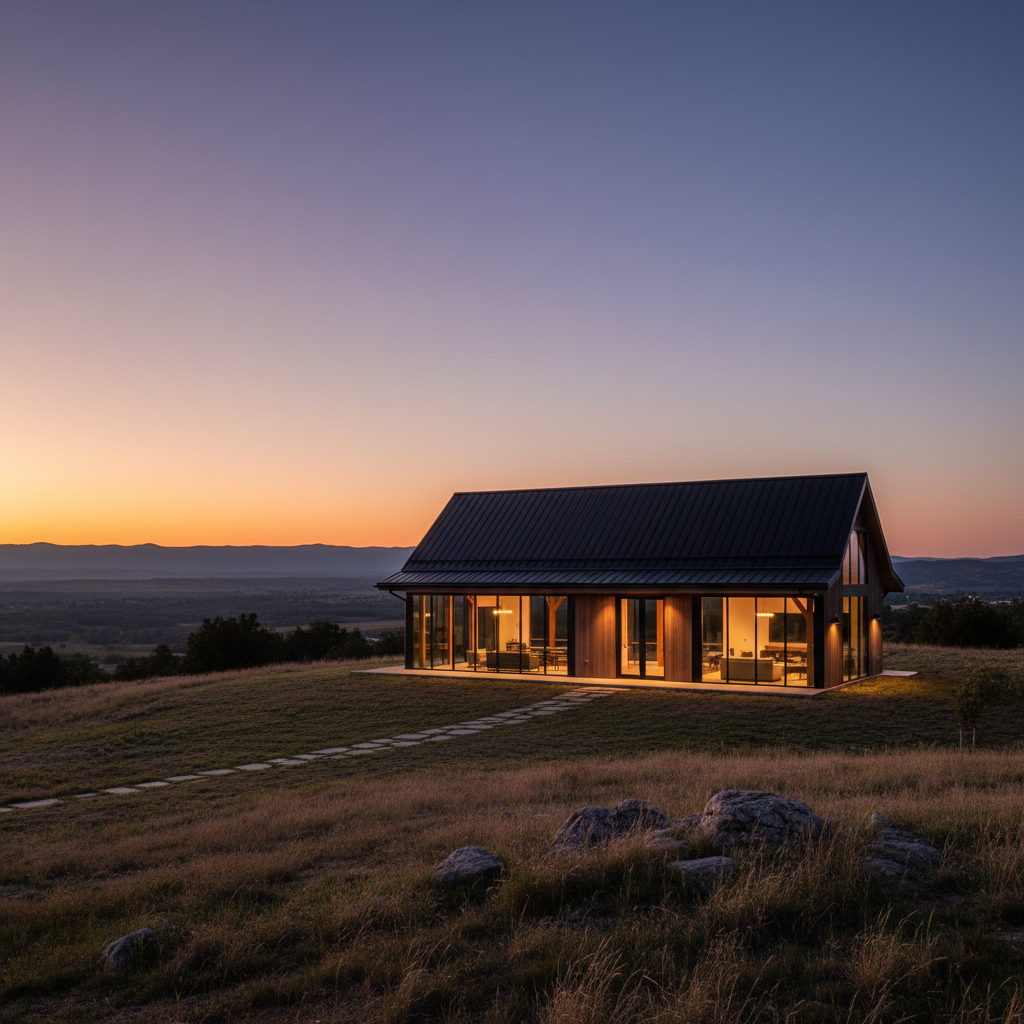 Fotorealistyczny obraz nowoczesnego domu w stylu stodoły z dużymi przeszkleniami i dachem pokrytym czarną blachą na rąbek stojący, podkreślający minimalistyczną i elegancką bryłę budynku o zachodzie słońca.