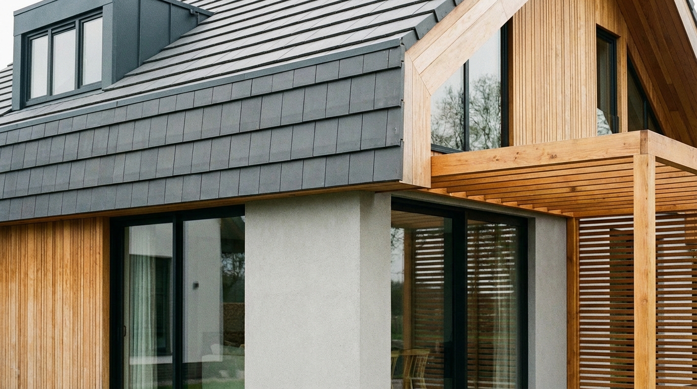 Zbliżenie na fragment nowoczesnego domu, ukazujące harmonijne połączenie materiałów. Płaska, antracytowa dachówka betonowa idealnie współgra z jasnoszarą elewacją, dużymi oknami w czarnych ramach oraz elementami z naturalnego, ciepłego drewna.
