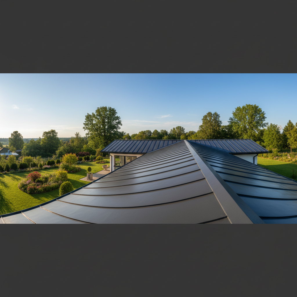 Panoramiczne ujęcie pięknego, odnowionego dachu domu jednorodzinnego pokrytego gładką, jednolitą powłoką w kolorze antracytowym. Dach lśni w popołudniowym słońcu, podkreślając nowoczesny i zadbany wygląd całego budynku. W tle widać zadbany ogród i błękitne niebo.