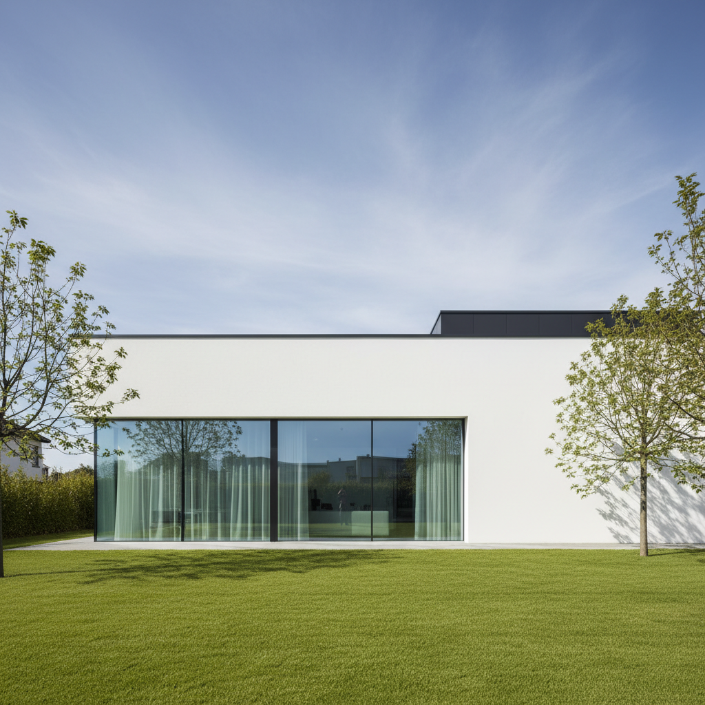 Minimalistyczny, nowoczesny dom o prostej, geometrycznej bryle z dużymi panoramicznymi oknami. Dom ma białą elewację, która mocno kontrastuje z płaskim, grafitowym dachem. Otoczenie to zadbany, zielony trawnik i kilka ozdobnych drzew. Zdjęcie wykonane w słoneczny dzień, podkreślające grę światła i cienia na budynku.