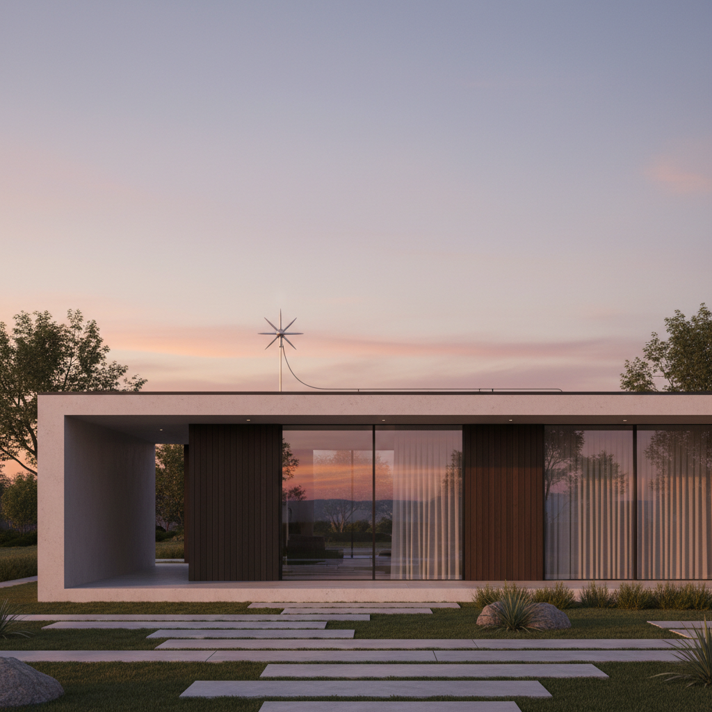 Elegancki, minimalistyczny dom jednorodzinny z dużymi przeszkleniami i płaskim dachem, na którym dyskretnie zamontowana jest głowica aktywnej instalacji odgromowej. Scena jest skąpana w łagodnym, wieczornym świetle, podkreślając harmonię technologii i designu.