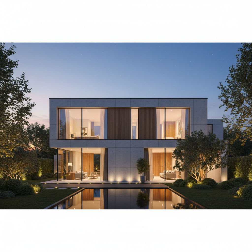 Fotorealistyczne ujęcie fasady nowoczesnego, minimalistycznego domu o zmierzchu. Duże, panoramiczne okna z cienkimi, czarnymi ramami oświetlają ciepłe, stylowe wnętrze. Architektura jest prosta, z elementami betonu i drewna. Otoczenie to zadbany ogród z delikatnym oświetleniem.