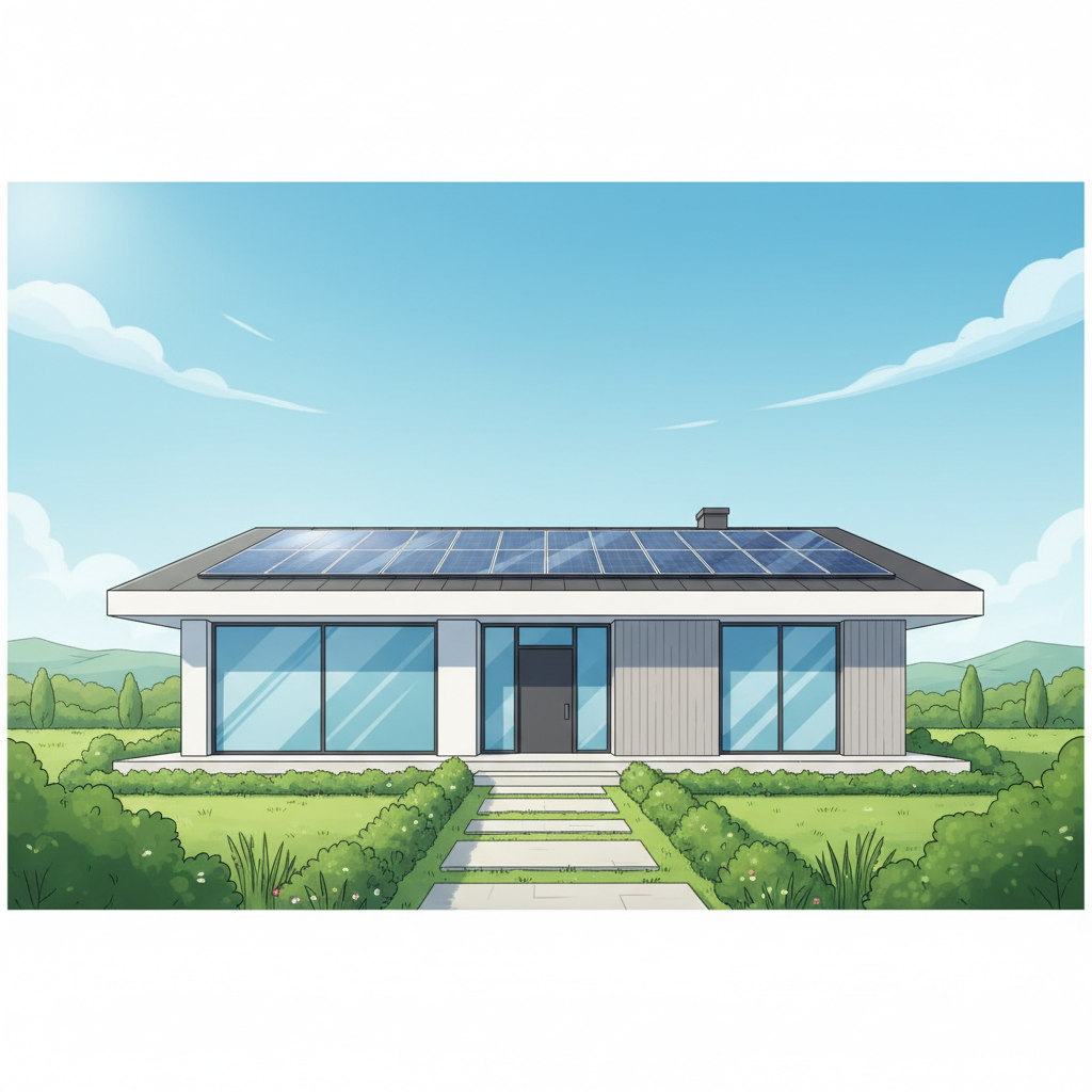 Nowoczesna ilustracja domu jednorodzinnego z panelami słonecznymi lśniącymi na dachu. Dom ma minimalistyczny design, zielony ogród wokół i duże okna odbijające błękitne niebo. Obraz powinien przekazywać poczucie zrównoważonego rozwoju, nowoczesnej technologii i spokoju.
