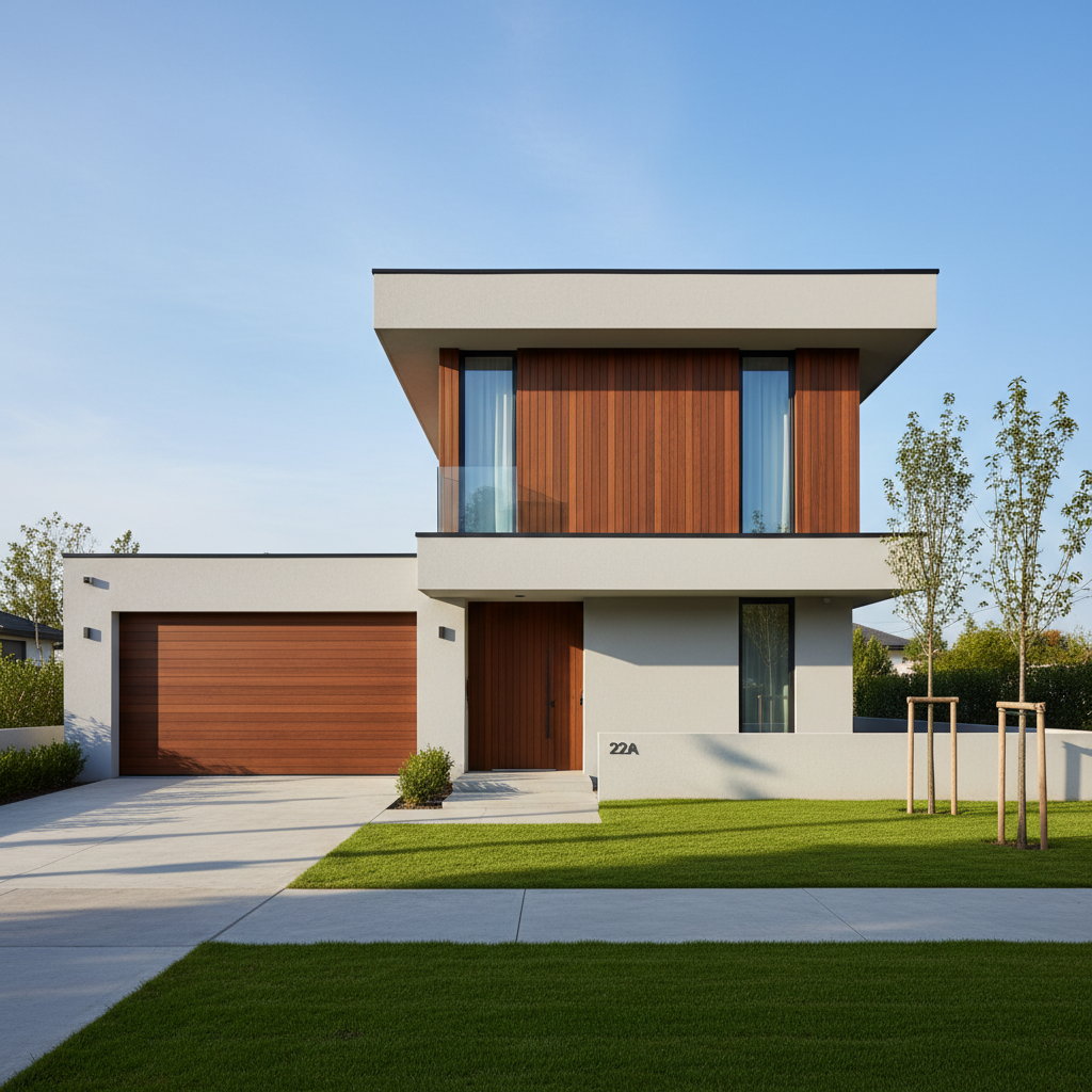 Pełne ujęcie nowoczesnego, dwupiętrowego domu w stylu „kostki” z płaskim dachem w słoneczny dzień. Główna bryła budynku jest pokryta jasnoszarym tynkiem. Garaż oraz fragment ściany na piętrze wokół balkonu są wykończone eleganckimi, ciemnymi panelami drewnianymi. Przed domem znajduje się idealnie przystrzyżony trawnik i minimalistyczny podjazd.