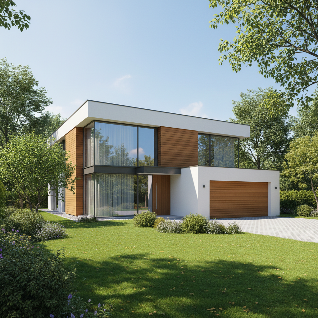 Elegancki, nowoczesny dom jednorodzinny o prostej bryle, z dużymi przeszkleniami i drewnianymi elementami elewacji. Otoczony jest zadbanym ogrodem, a podjazd wyłożony jest estetyczną kostką brukową. Zdjęcie wykonane w słoneczny dzień, podkreślające ciepłą, przyjazną atmosferę budynku.