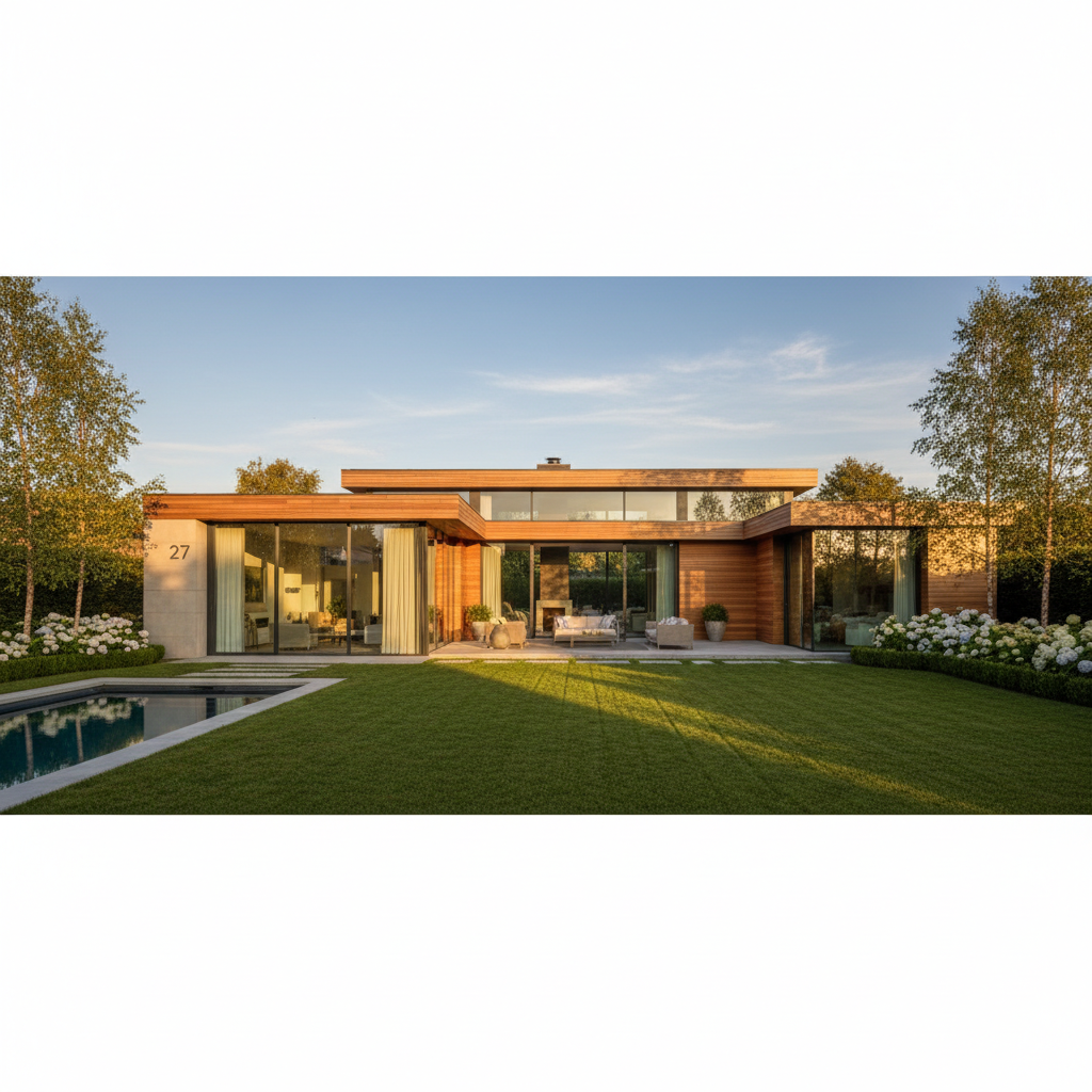Piękny, nowoczesny dom jednorodzinny z dużymi przeszkleniami i drewnianą elewacją, otoczony zadbanym ogrodem. Jest słoneczny dzień, późne popołudnie. Dom jest oświetlony ciepłym światłem, co tworzy przytulną i luksusową atmosferę.