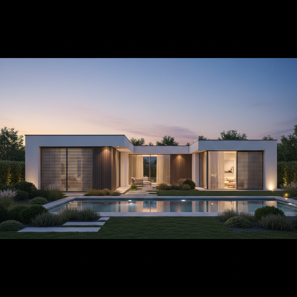Elegancki, nowoczesny dom jednorodzinny o minimalistycznej bryle o zmierzchu. Delikatne, ciepłe światło wylewa się z wnętrza przez częściowo przymknięte, antracytowe okiennice zewnętrzne. Dom otoczony jest zadbanym ogrodem, a całość tworzy atmosferę spokoju, bezpieczeństwa i luksusu.