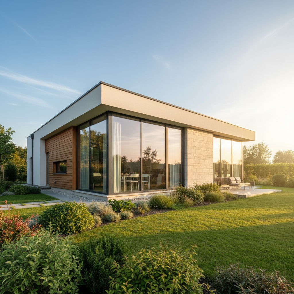 Szerokie ujęcie nowoczesnego domu z dużymi, panoramicznymi oknami. Budynek ma prostą, minimalistyczną bryłę, a elewacja jest wykończona jasnymi materiałami i drewnem. Otoczenie jest zielone i zadbane. Słońce świeci, tworząc ciepłe, przyjazne refleksy na szybach, co sugeruje komfort i energooszczędność.