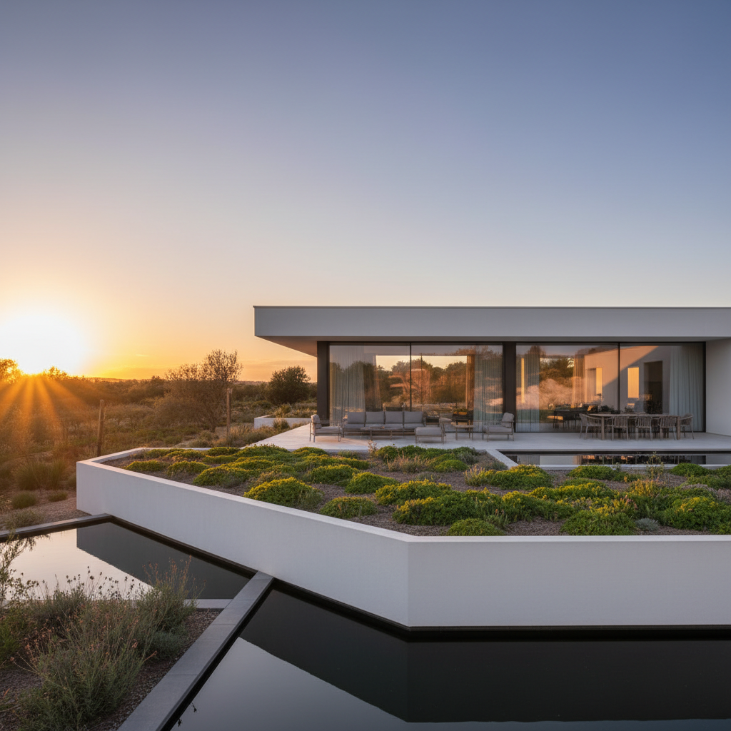 Panoramiczne ujęcie nowoczesnego, minimalistycznego domu jednorodzinnego o białej elewacji o zachodzie słońca. Na pierwszym planie widać duży, płaski dach, częściowo pokryty zielenią (dach zielony), a częściowo tarasem z eleganckimi meblami ogrodowymi. Ciepłe światło słońca podkreśla architekturę budynku i tworzy przytulną atmosferę.