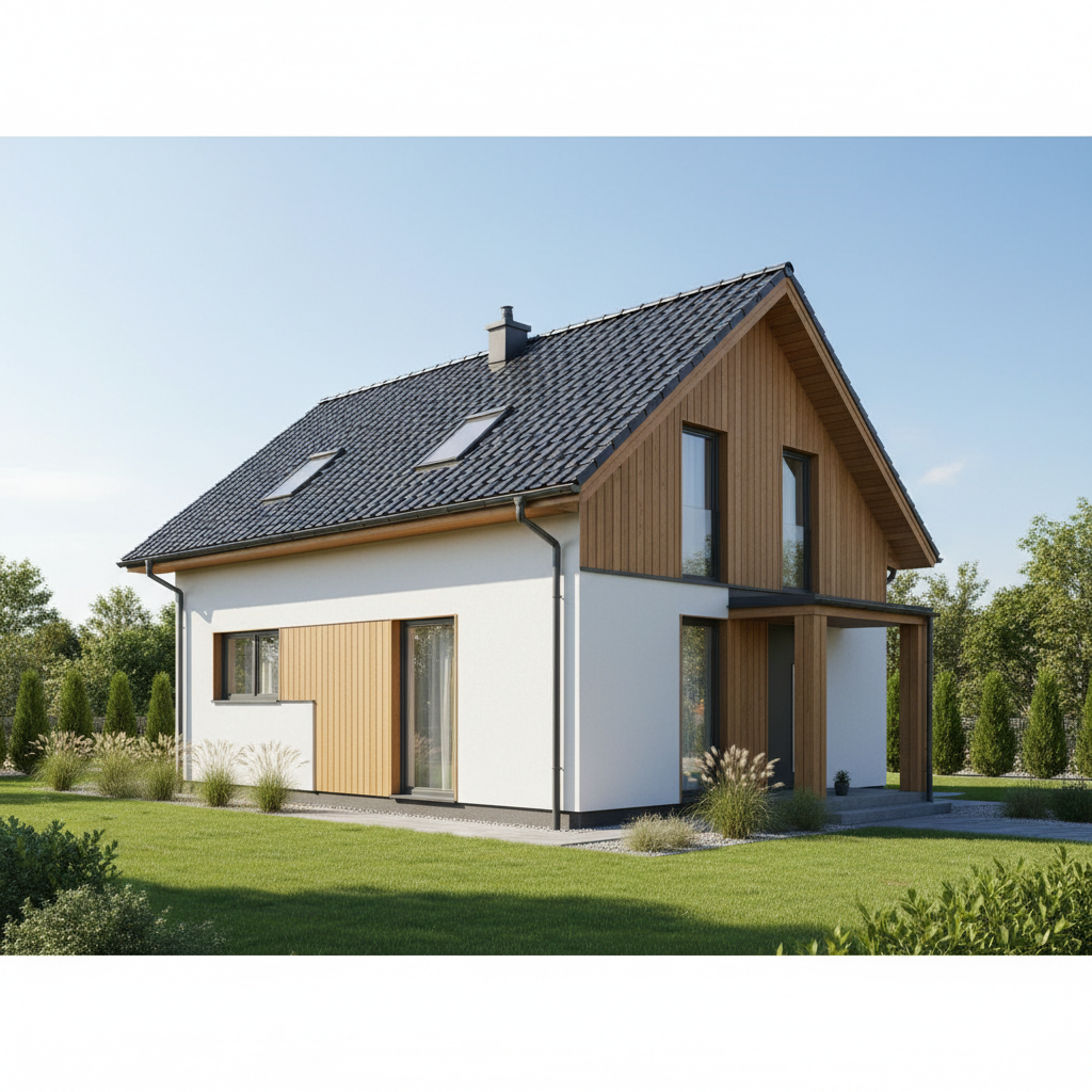 Elegancki dom z poddaszem użytkowym o prostej, zwartej bryle i dwuspadowym dachu w kolorze grafitowym. Biała elewacja jest przełamana elementami z naturalnego drewna. Budynek stoi na zadbanej, wąskiej działce z zielonym trawnikiem. Zdjęcie wykonane w słoneczny dzień, podkreślające nowoczesny i czysty charakter architektury.