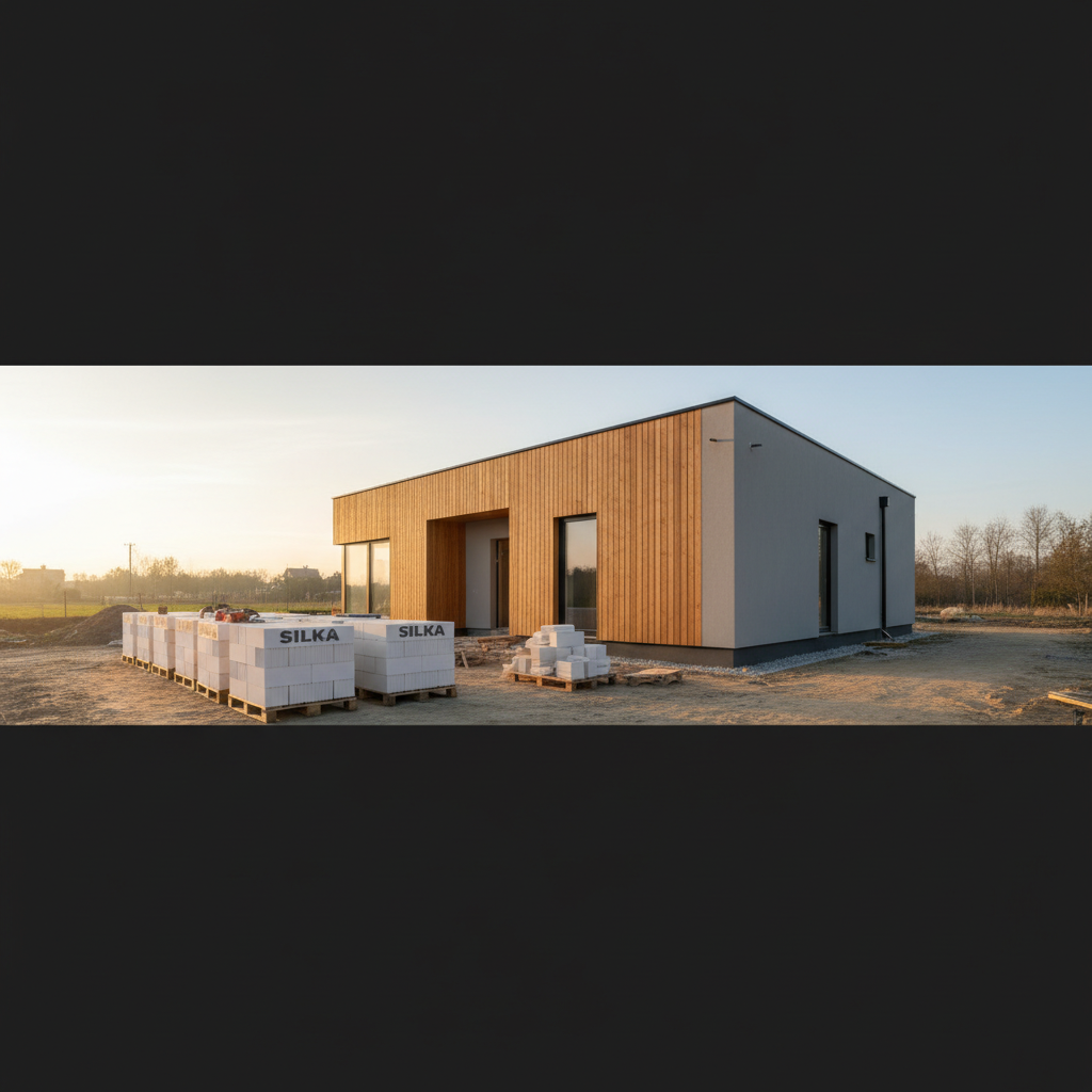 Szerokie ujęcie nowoczesnego domu jednorodzinnego o prostej, minimalistycznej bryle, częściowo wykończonego drewnem i tynkiem w odcieniach szarości. Dom jest w fazie budowy, a na pierwszym planie widać starannie ułożone palety z białymi blokami wapienno-piaskowymi Silka. Scena skąpana jest w ciepłym świetle wschodzącego słońca, co symbolizuje początek nowego, solidnego etapu w życiu rodziny.