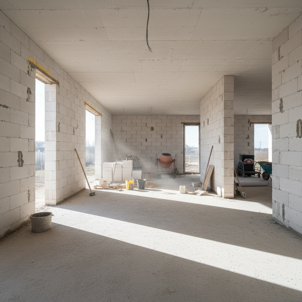 Jasne, przestronne wnętrze nowoczesnego domu w trakcie budowy. Widać wzniesione ściany działowe z białych bloczków betonu komórkowego, które tworzą zarys przyszłych pomieszczeń. Promienie słońca wpadają przez duże okna, oświetlając surową, ale pełną potencjału przestrzeń. W tle widać narzędzia budowlane, co podkreśla charakter pracy.
