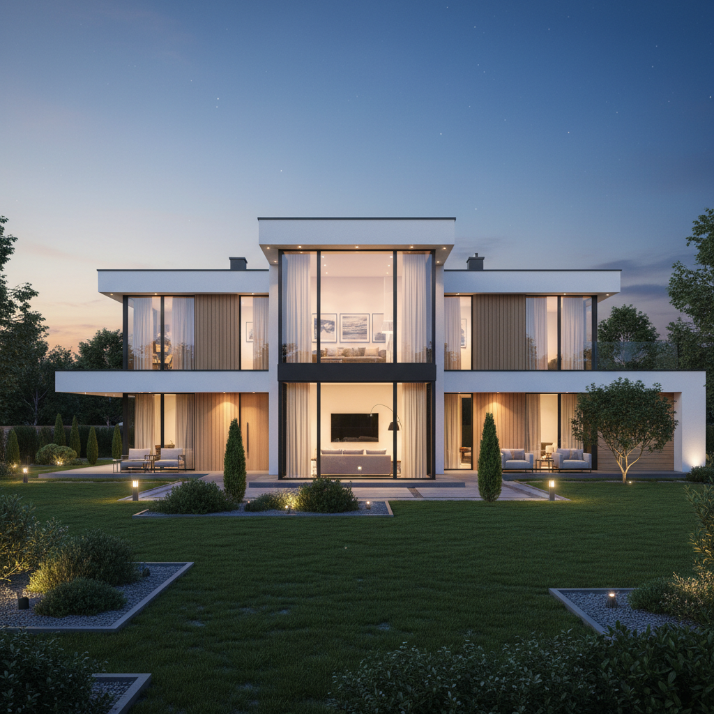 Elegancka, minimalistyczna bryła nowoczesnego domu jednorodzinnego o zmierzchu. Głównym punktem zdjęcia jest duży, dwukondygnacyjny wykusz, którego wnętrze jest ciepło oświetlone, ukazując fragment stylowego salonu. Elewacja domu wykonana jest z połączenia białego tynku, drewna i dużych przeszkleń. Całość otoczona jest zadbanym, zielonym ogrodem.