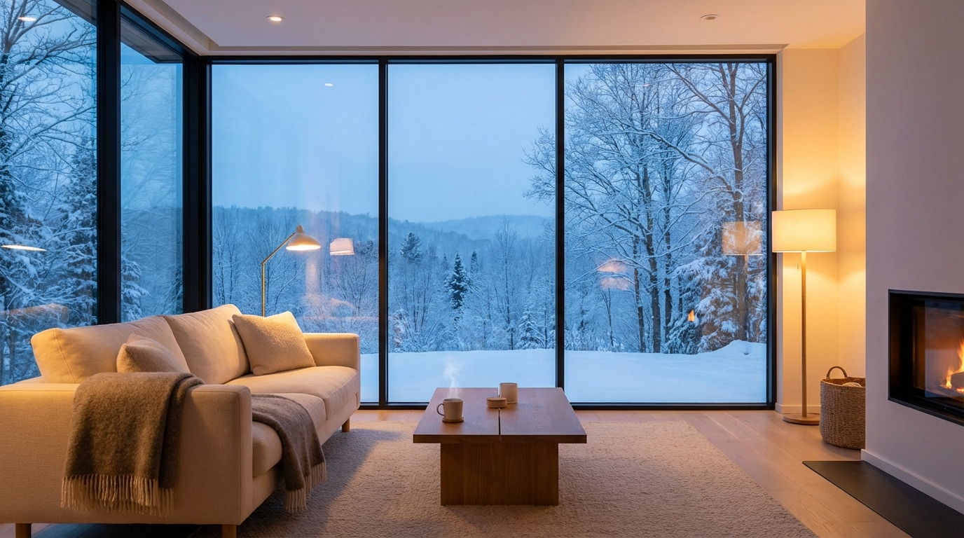 Nowoczesny, minimalistyczny salon z dużym, czystym oknem, przez które widać ośnieżony, zimowy krajobraz. Wnętrze jest jasne, ciepłe i przytulne, z miękkim oświetleniem, co tworzy silny kontrast między komfortem wewnątrz a chłodem na zewnątrz, podkreślając kluczową rolę izolacji okiennej.
